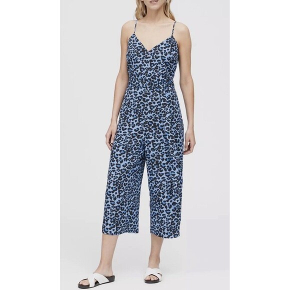 Banana Republic Wide Leg Jumpsuit Women Blue Leopard Print Preppy Boho Sz 14 New